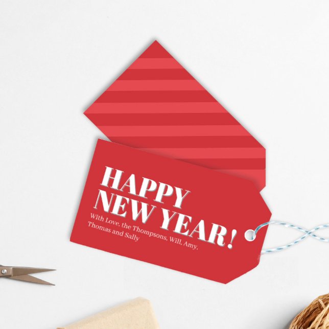 Étiquettes-cadeau Bonne année Coutume rouge et blanc (Happy New Year Custom Party Gift Tag.)