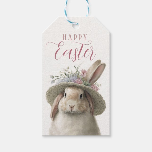 Étiquettes-cadeau Bonne Pâques Aquarelle mignonne Lapin Floral Lapin (Devant)
