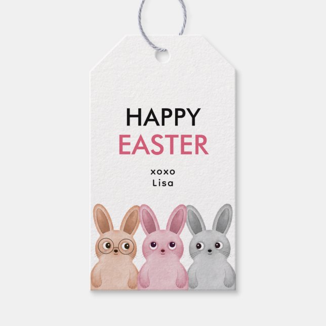 Étiquettes-cadeau Bonne Pâques avec trois adorables petits lapins (Devant)