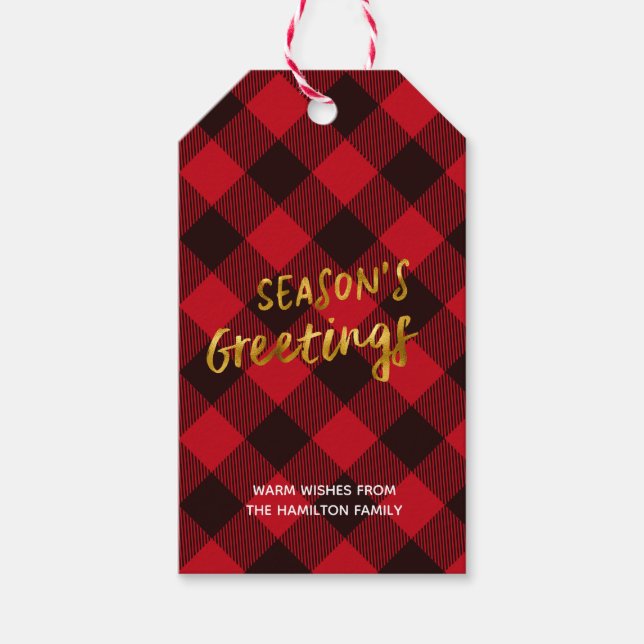 Étiquettes-cadeau Bonnes Fêtes Buffalo Red Plaid et Gold Foil (Devant)