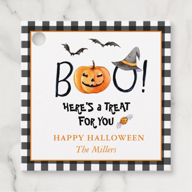 Étiquettes Cadeau BOO Happy Halloween Citrouille Carré Favoriser les (Devant)