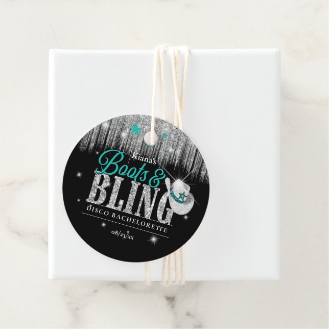 Étiquettes Cadeau Boots 'n Bling Disco Bachelorette Turquoise ID925 (En situation)