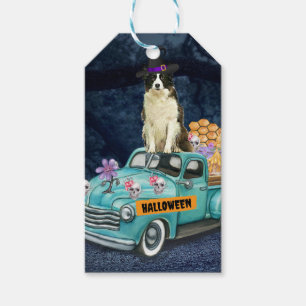 Étiquettes-cadeau Bordure Collie Halloween Camion Effrayant Nuit