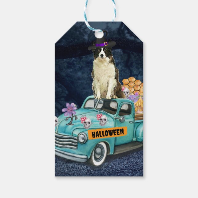 Étiquettes-cadeau Bordure Collie Halloween Camion Effrayant Nuit (Devant)