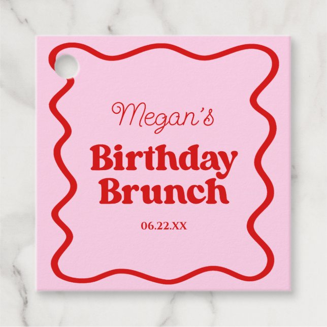 Étiquettes Cadeau Bordure rouge rose Vague Anniversaire Brunch Party (Devant)