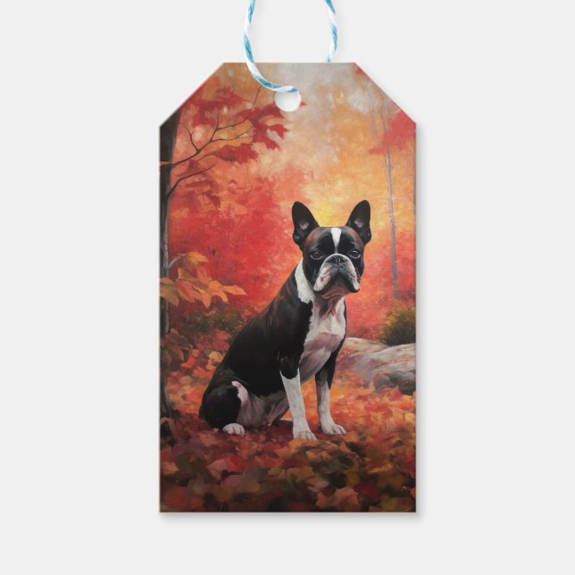 Étiquettes-cadeau Boston Terrier à l'automne Leaves automne Inspire (Devant)