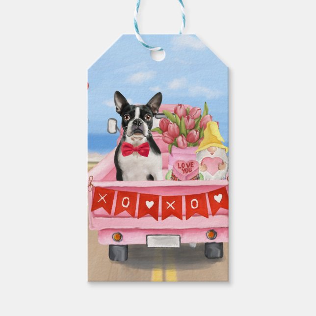 Étiquettes-cadeau Boston Terrier Chien Valentine's Day Truck Hearts (Devant)
