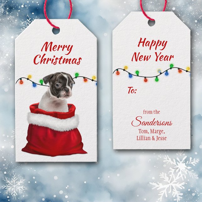 Étiquettes-cadeau Boston Terrier chiot dans le sac Père Noël (Créateur téléchargé)