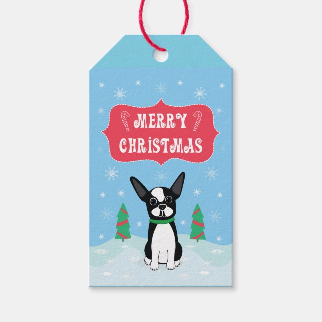 Étiquettes-cadeau Boston Terrier Joyeux Noël avec des flocons de nei (Devant)