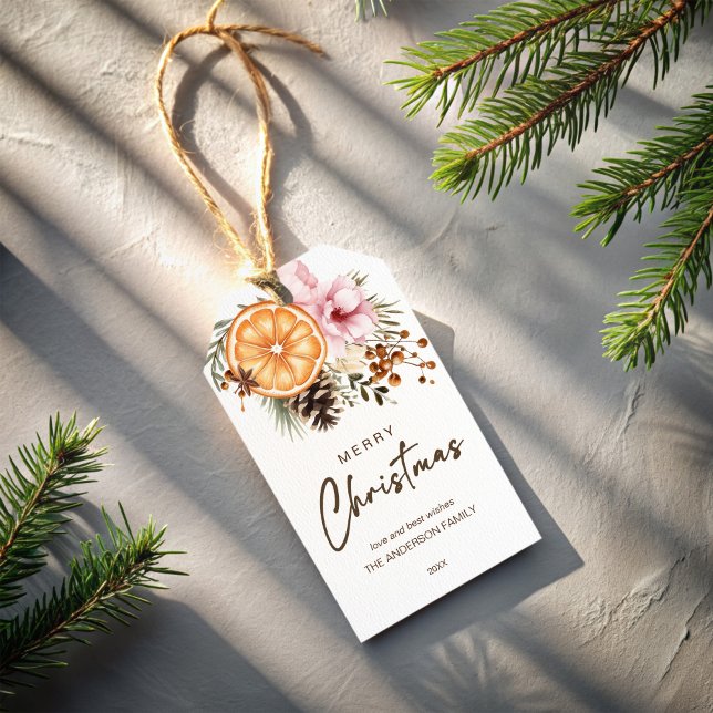 Étiquettes-cadeau Botanique rustique d'agrumes d'hiver de Noël (Rustic Christmas winter greenery dry oranges citrus botanical Gift Tags personalized Christmas tags)