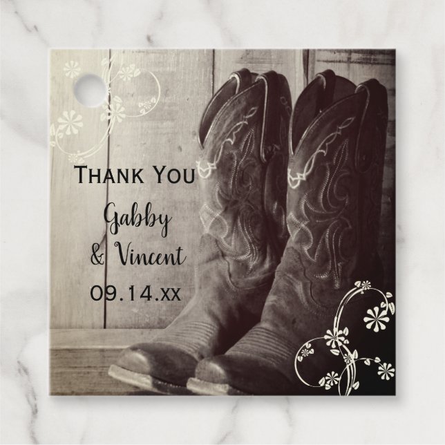 Étiquettes Cadeau Botte Rustique Cowboy Mariage Floral occidental (Devant)