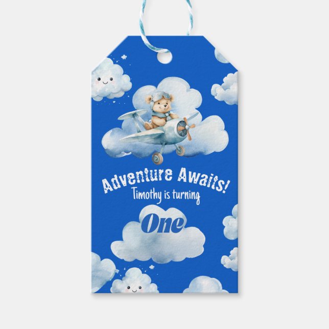 Étiquettes-cadeau Boucle pour le 1er anniversaire de Teddy Sky Ride (Devant)