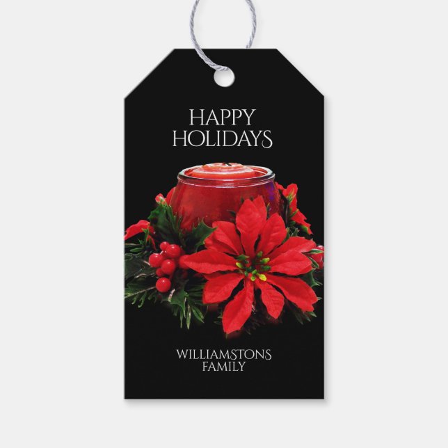Étiquettes-cadeau Bougie de Noël Rouge Festive Holly Poinsettias (Devant)