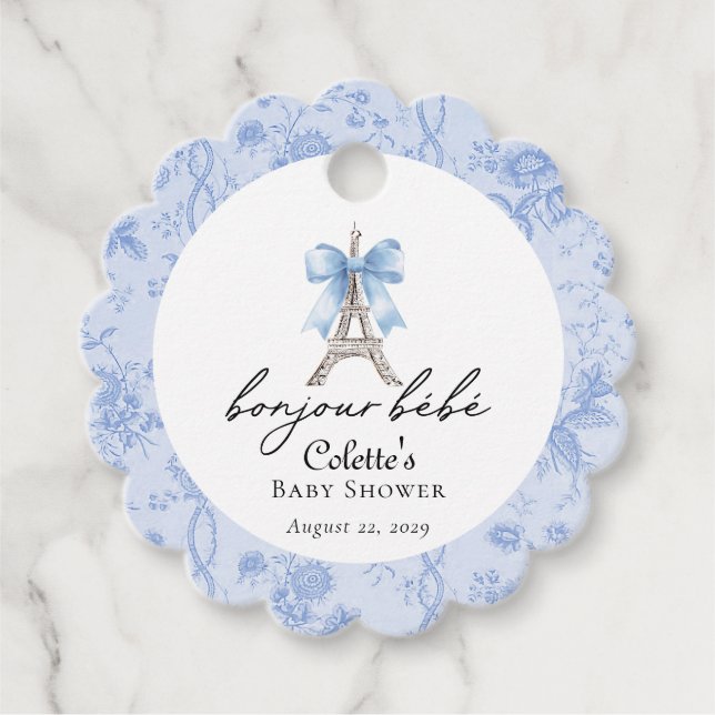 Étiquettes Cadeau Boujour Bebe Paris Toile Baby shower bleu (Devant)