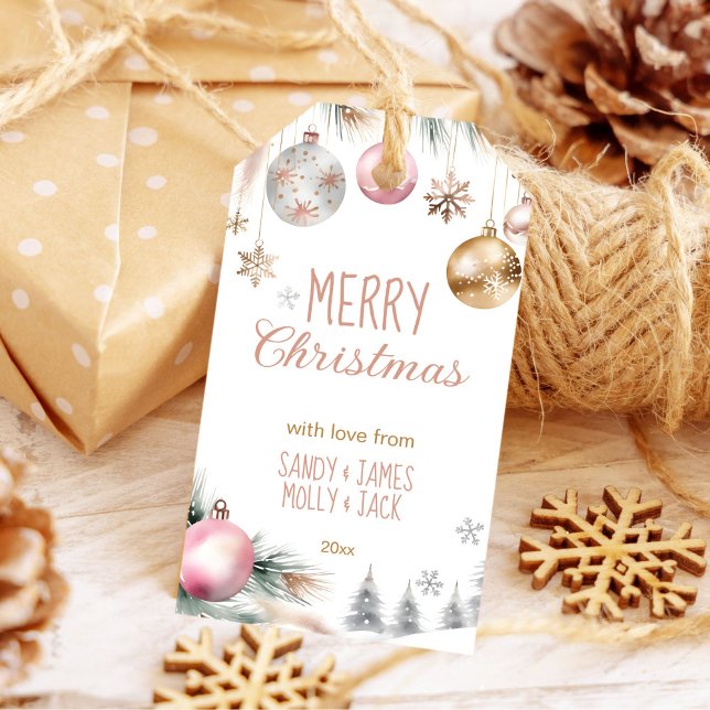 Étiquettes-cadeau Boules d'aquarelle métallique de Noël (Christmas metallic silver rose gold baubles boho gift tags personalized Christmas gift tags)