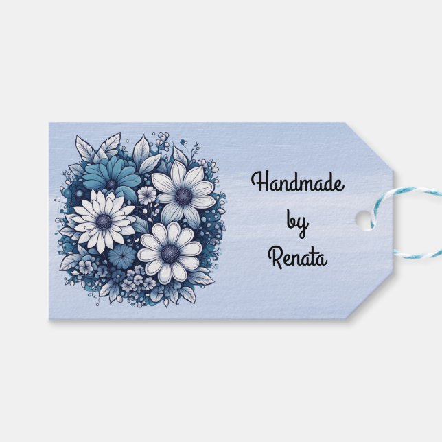 Étiquettes-cadeau Bouquet Bleu et Gris sur Fond Bleu (Devant (Horizontal))