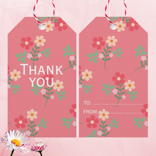 Étiquettes-cadeau Bouquet de Marguerite Rose Doux Motif Rétro Merci (The text on the front is "Thank you" and text on the back is "TO / FROM". Or custom it to suit you.)