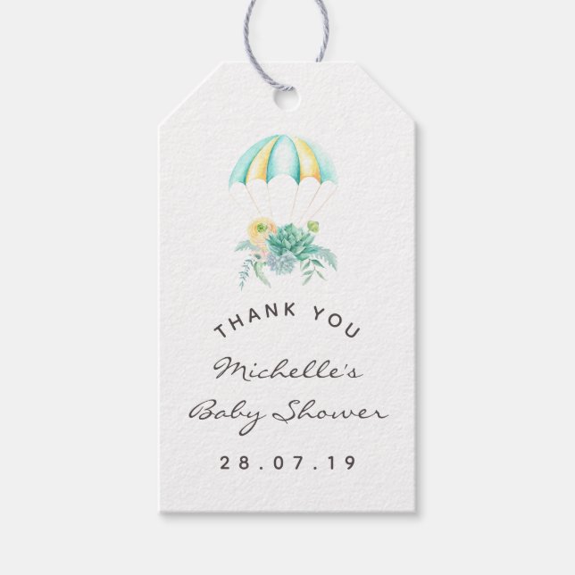 Étiquettes-cadeau Bouquet floral Baby shower parachute Merci (Devant)