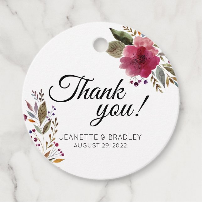 Étiquettes Cadeau Bourgogne Aquarelle Fleurs Mariage Merci (Devant)