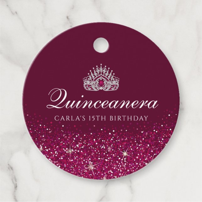 Étiquettes Cadeau Bourgogne avec Parties scintillant Quinceanera (Devant)