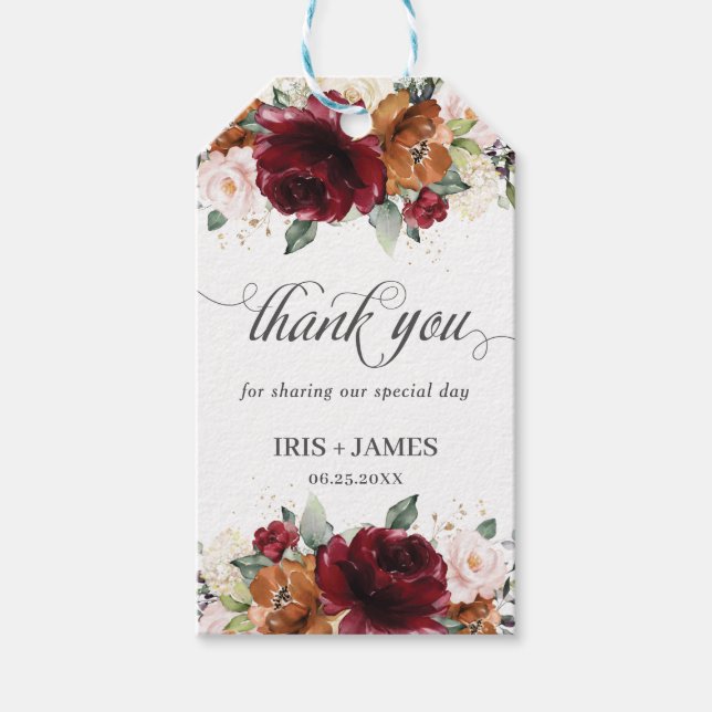 Étiquettes-cadeau Bourgogne Blush Orange Floral Mariage Merci (Devant)