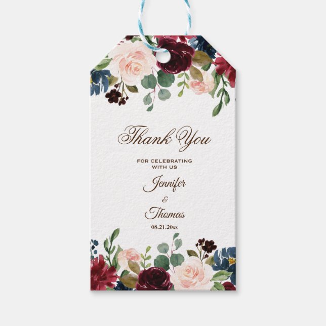 Étiquettes-cadeau Bourgogne et bleu Mariage anglais Fleurs (Devant)
