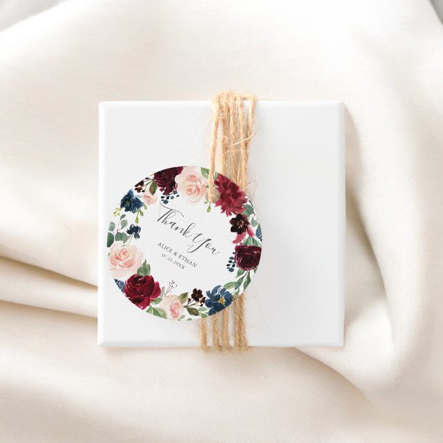 Étiquettes Cadeau Bourgogne Et Marine Bleu Mariage Floral Merci (Créateur téléchargé)