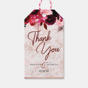 Étiquettes-cadeau Bourgogne Floral et Rose Mariage or Merci