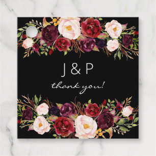 Étiquettes Cadeau Bourgogne Marsala et Floral Rose - Noir
