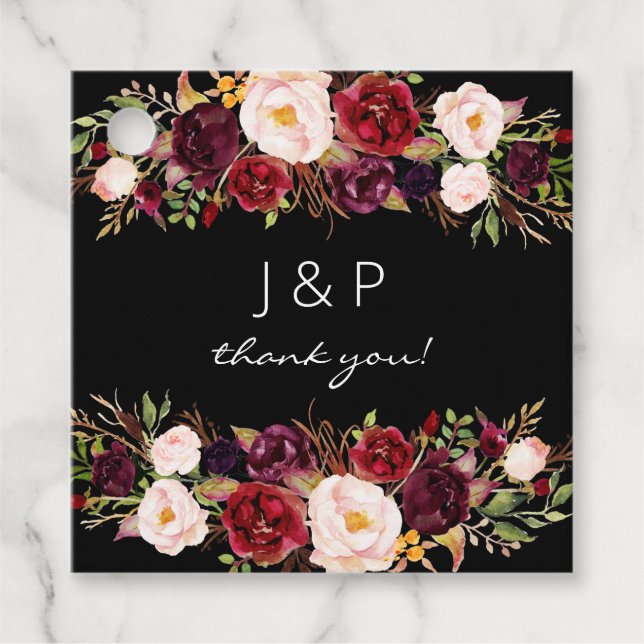 Étiquettes Cadeau Bourgogne Marsala et Floral Rose - Noir (Devant)
