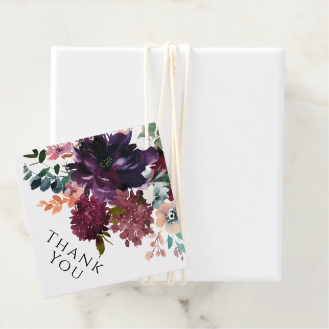 Étiquettes Cadeau Bourgogne Purple Turquoise Floral Merci Mariage (En situation)