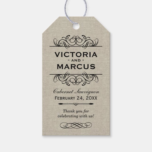Étiquettes-cadeau Bouteille de vin Mariage Burlap Monogram Favoriser (Devant)