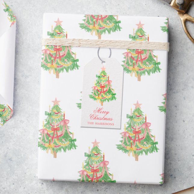 Étiquettes-cadeau Bow Arbre de Noël de la coquette aquarelle (Créateur téléchargé)