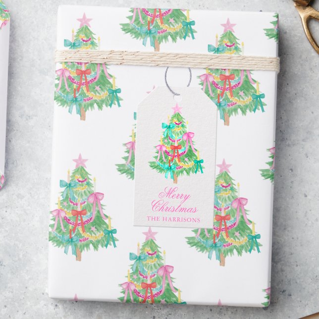 Étiquettes-cadeau Bow Arbre de Noël de la coquette aquarelle (Créateur téléchargé)