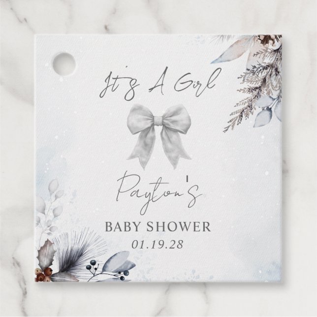 Étiquettes Cadeau Bow Botanique Baby shower de neiges d'hiver (Devant)