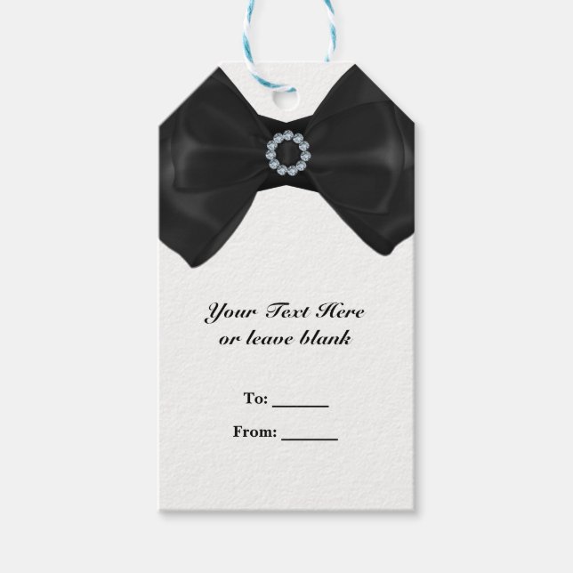 Étiquettes-cadeau Bow en ruban noir et diamants Élégant verre chic (Devant)