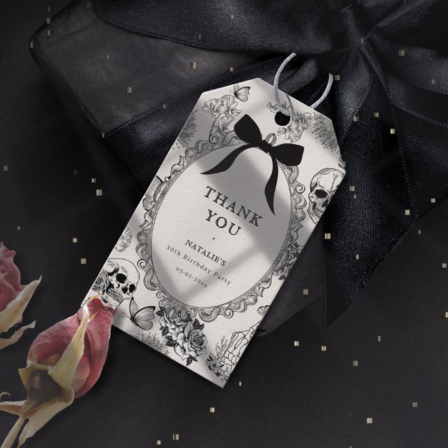 Étiquettes-cadeau Bow Floral Skull RIP Twenties 30th Birthday Party (Bow Floral Skull RIP Twenties 30th Birthday Party Gift Tags)