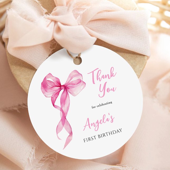 Étiquettes Cadeau Bow Girls rose 1er Merci d'anniversaire (Créateur téléchargé)