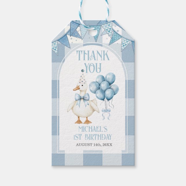 Étiquettes-cadeau Bow One Silly Goose 1st Birthday Blue Gingham (Devant)