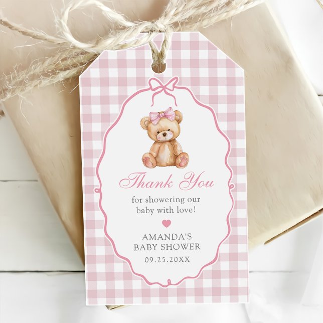 Étiquettes-cadeau Bow rose En vichy Teddy Bear Baby shower (Créateur téléchargé)