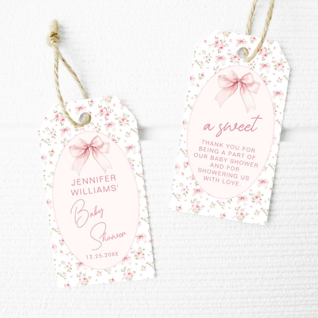 Étiquettes-cadeau Bow rose Floral Sweet Baby Girl Douche Merci (Créateur téléchargé)