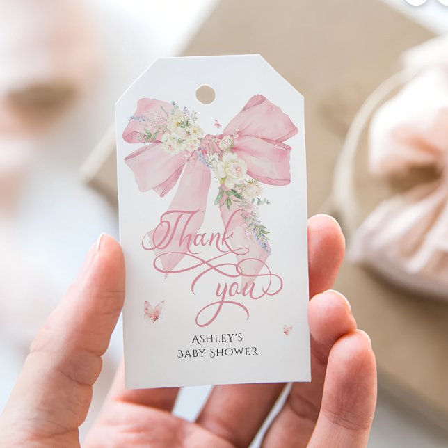 Étiquettes-cadeau Bow rose pâle pastel Baby shower floral Merci (Créateur téléchargé)