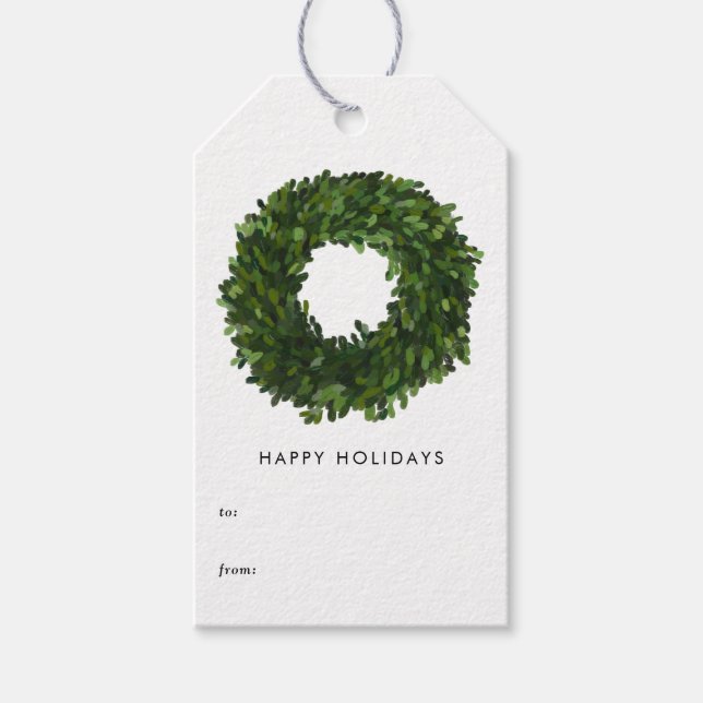 Étiquettes-cadeau Boxwood peint à la main Wreath Fête personnalisée (Devant)