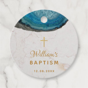Étiquettes Cadeau Boy Baptism Blue Geode Marbre blanc Gold Cross
