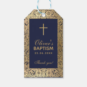 Étiquettes-cadeau Boy Baptism Vintage Gold Roses Marine Bleu Élégant