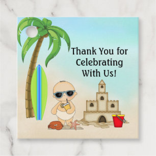 Étiquettes Cadeau Boy Beach Baby Sandcastle in Surfboard Baby shower