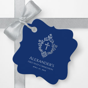 Étiquettes Cadeau Boy First Communion Royal Blue Vintage Crest Cross