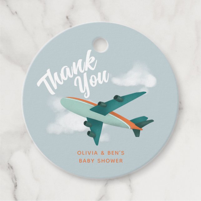 Étiquettes Cadeau Boys Baby shower bleu mignon Avion (Devant)