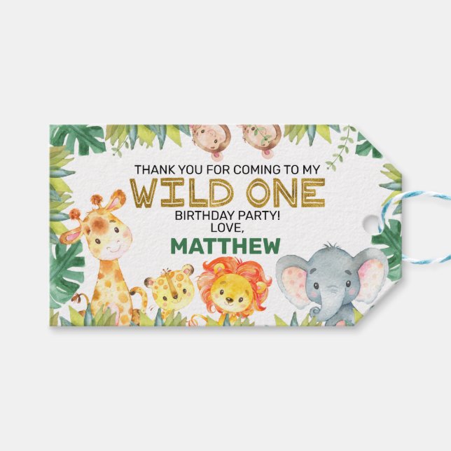 Étiquettes-cadeau Boys Foliage Wild One Safari Animaux Anniversaire (Devant (Horizontal))