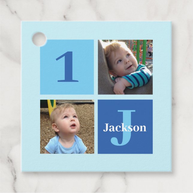 Étiquettes Cadeau Boys Photo Collage Custom Blue Anniversaire de enf (Devant)